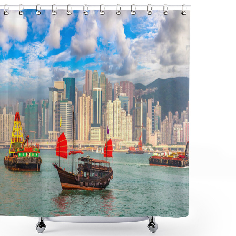 Personality  Traditional Chinese Wooden Sailing Ship In Victoria Harbour In Hong Kong At Summer Day Shower Curtains