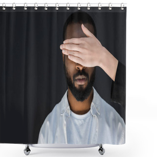 Personality  Cropped Image Of Girlfriend Closing African American Boyfriend Eyes Isolated On Black Shower Curtains