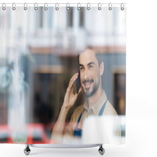 Personality  Man In Apron Talking On Smartphone Shower Curtains
