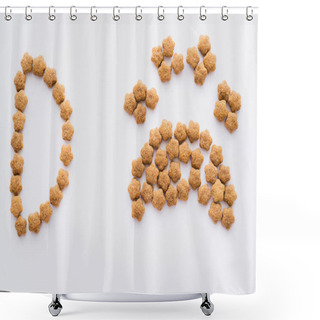 Personality  Top View Of Paw Shape Made Of Dry Pet Food Near Letter Isolated On White Shower Curtains
