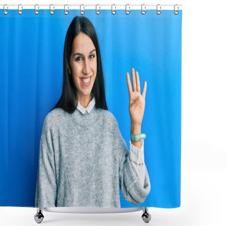 Personality  Young Hispanic Woman Wearing Casual Clothes Showing And Pointing Up With Fingers Number Four While Smiling Confident And Happy.  Shower Curtains