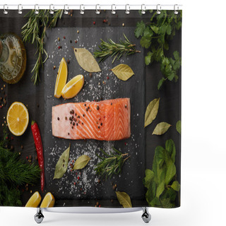 Personality  Raw Salmon With Herbs And Lemons On Slate Background Shower Curtains