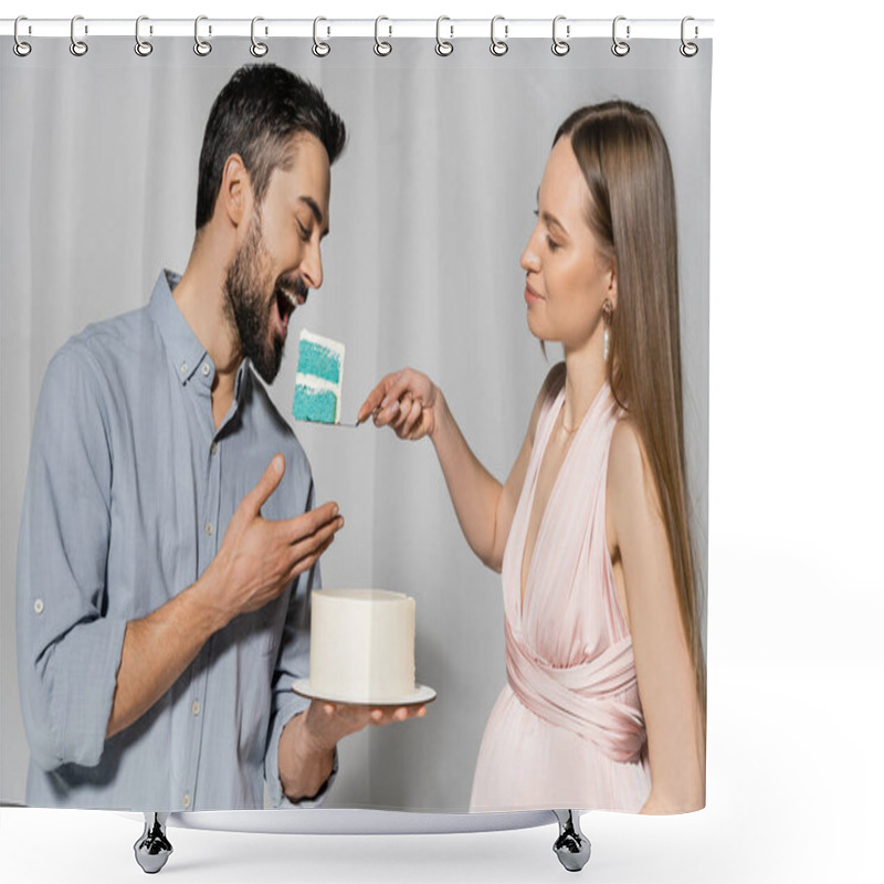 Personality  Positive And Elegant Pregnant Woman Feeding Husband With Blue Cake During Baby Shower And Celebration On Grey Background, Expecting Parents Concept, Gender Party, It`s A Boy  Shower Curtains