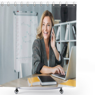 Personality  Smiling Beautiful Businesswoman Talking By Smartphone In Office And Looking Away Shower Curtains