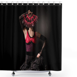 Personality  Young Flamenco Dancer In Dress Covering Face With Fan On Black Shower Curtains