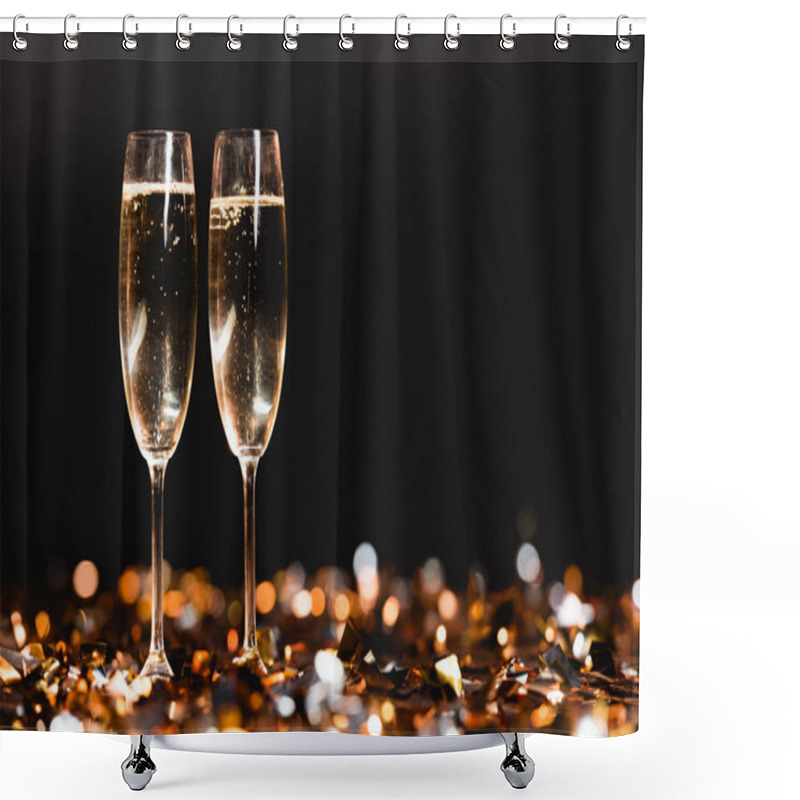 Personality  champagne glasses on golden confetti on black for new year celebration shower curtains