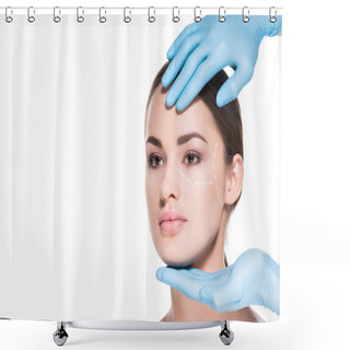 Personality  Doctor Touching Face Of Woman With Dotted Line For Plastic Surgery Isolated On White Shower Curtains
