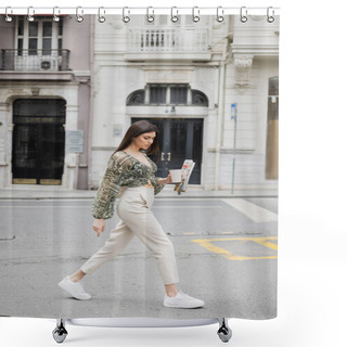 Personality  Pretty Young Woman With Long Brunette Hair And Makeup Holding Paper Cup With Coffee And Newspaper While Walking In Trendy Outfit With Beige Pants And Blouse On Urban Street Near Building In Istanbul  Shower Curtains