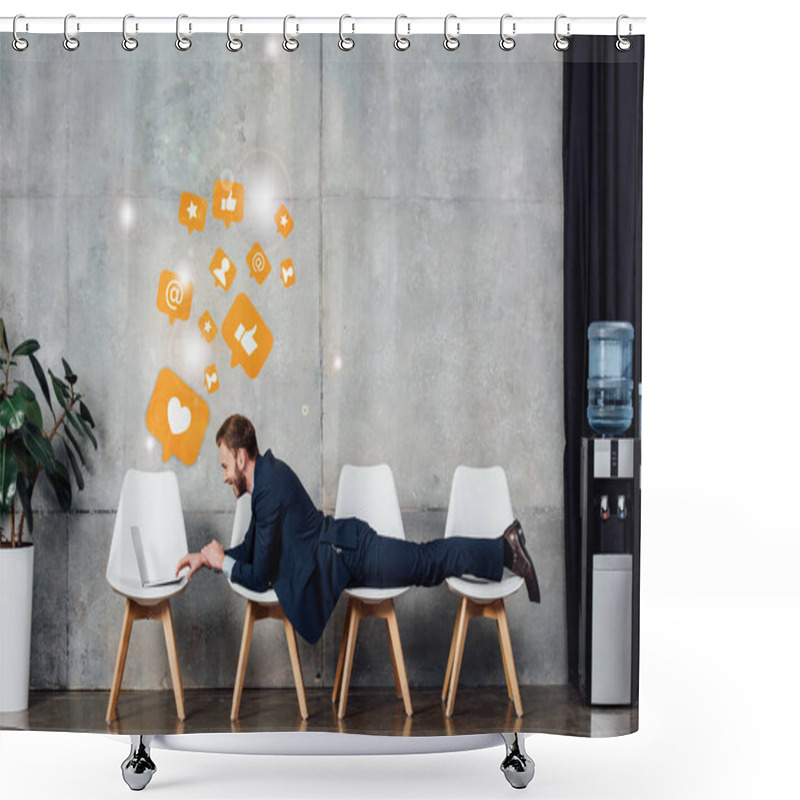 Personality  Businessman Lying On Chairs And Using Laptop In Waiting Hall With Social Media Icons On Wall Shower Curtains
