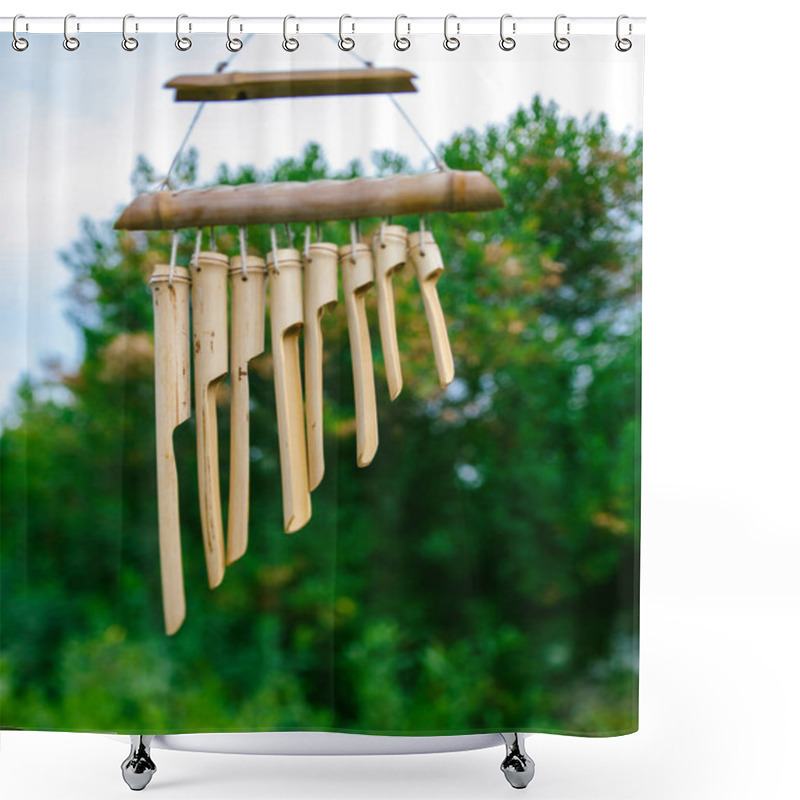 Personality  Japanese Bamboo Garden Wind Chimes Wooden Bells Handed On Tree In Japanese Garden Shower Curtains