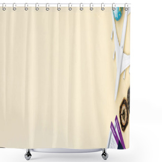 Personality  Top View Of White Plane Model, Compass, Globe And Tickets On Beige Background, Banner Shower Curtains