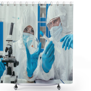 Personality  Biochemists Holding Test Tube And Petri Dish Near Microscope Shower Curtains
