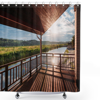 Personality  Wide Shot Of Of Beautiful Sunset Over River From Wooden Terrace Shower Curtains