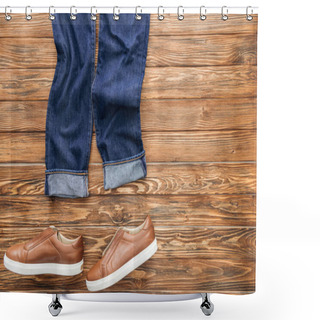 Personality  Top View Of Jeans And Brown Shoes On Wooden Background Shower Curtains
