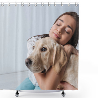 Personality  Beautiful Woman Embracing Golden Retriever On White Background Shower Curtains