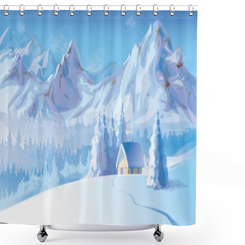 Personality  Vector of winter landscape with mountains and cote covered of snow. shower curtains