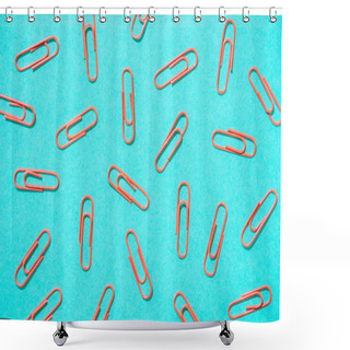 Personality  Full Frame Of Arranged Red Paper Clips On Blue Background Shower Curtains
