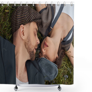 Personality  Top View Of Stylish Bearded Man In Jacket And Newsboy Cap Lying With Closed Eyes Near Girlfriend In Vintage Outfit Girlfriend In Suspenders On Grassy Meadow, Fashion-forward In Countryside Shower Curtains