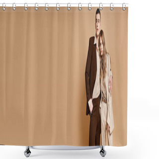 Personality  Chic Young Woman In Stylish Suit Posing With Her Handsome Boyfriend And Looking At Camera, Banner Shower Curtains