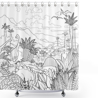 Personality  Various Types Of Dinosaurs Among Prehistoric Landscapes. Shower Curtains