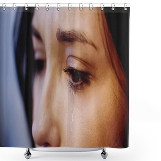 Personality  Close Up View Of Upset Woman Crying With Tears On Face On Grey Background Shower Curtains