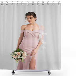 Personality  Young Bride In Pink Dress And Veil Holding Wedding Bouquet Isolated On Grey Shower Curtains