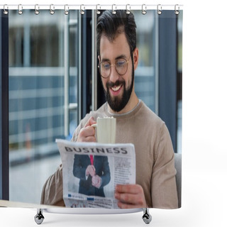 Personality  Smiling Man Drinking Coffee With Marshmallow And Reading Business Newspaper Shower Curtains