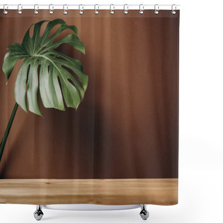 Personality  Exotic Tropical Monstera Leaf On Solid Wooden Table On Pastel Brown Wall. Creative Blog Or Social Media Background. Mock Up. Shower Curtains