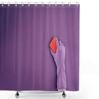 Personality  Cropped Image Of Woman Holding Washing Sponge In Protective Glove Isolated On Violet Shower Curtains