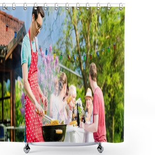 Personality  Man Grilling Meat On Garden Barbecue Party, In The Background Friends Eating And Drinking Shower Curtains