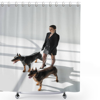 Personality  High Angle View Of Trendy Woman With Doberman Dogs On Chain Leashes On Grey Background With Shadows Shower Curtains