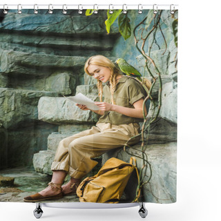 Personality  Happy Young Woman In Safari Suit With Parrot On Shoulder And Map Sitting On Rocks Shower Curtains