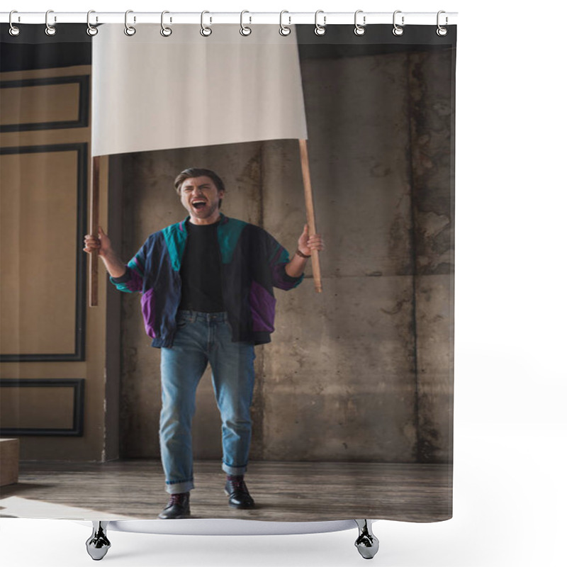 Personality  Angry Shouting Young Man In Vintage Windcheater With Blank Placard Shower Curtains