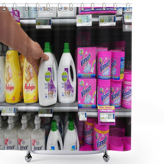Personality  BELGIUM - JULY 2019: Laundry Detergents In A Cora Hypermarket. Reckitt Benckiser Group Plc (RB) Is A British Multinational Consumer Goods Company, Producer Of Health, Hygiene And Home Products. Shower Curtains