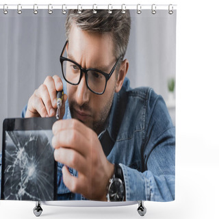 Personality  Focused Repairman With Screwdriver Fixing Smashed Display Of Digital Tablet On Blurred Foreground Shower Curtains