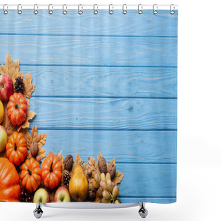 Personality  Top View Of Autumnal Harvest And Foliage On Blue Wooden Background Shower Curtains