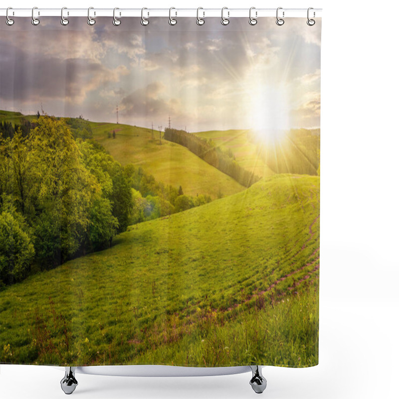 Personality  Lovely Countryside With Grassy Hills At Sunset Shower Curtains