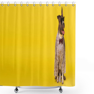Personality  Purebred Staffordshire Bull Terrier In Cape With Bow Tie And Stylish Sunglasses Sitting On Yellow, Banner Shower Curtains