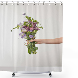 Personality  Cropped View Of Woman Holding Bouquet Of Violet And Purple Flowers On White Shower Curtains