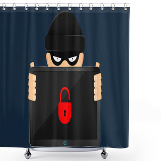 Personality  A Hacker And A Rascal Are Holding A Broken Tablet In Their Hands. A Serious Problem, The Loss Of Data. Flat Style Shower Curtains