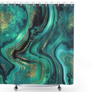Personality  Abstract Background, Fashion Fake Stone Texture, Malachite Emerald Green Agate Or Marble Slab With Gold Glitter Veins, Wavy Lines, Painted Artificial Marbled Surface, Artistic Marbling Illustration Shower Curtains