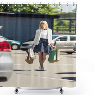 Personality  Selective Focus Of Stylish Blonde Girl With Shopping Bags Walking On Parking Lot  Shower Curtains