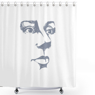 Personality  Vector Art Drawing, Portrait Of Gorgeous Dreamy Girl Isolated On Shower Curtains