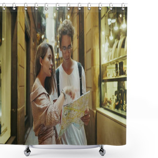 Personality  Closeup Couple Talking About Correct Way Outdoor. Pretty Girl Showing Right Road Shower Curtains