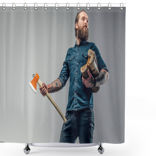 Personality  Portrait Of Attractive Lumberjack At Photo Studio Shower Curtains