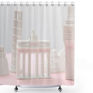 Personality  Selective Focus Of Brandenburg Gate Figurine Near Big Ben Tower Statuette On Grey And Pink  Shower Curtains