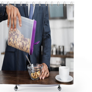 Personality  Partial View Of African American Businessman Holding Container With Corn Flakes Near Bowl Shower Curtains