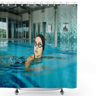 Personality  A Woman In A Swimming Pool Wearing Goggles, Calmly Gliding Through The Water. Shower Curtains