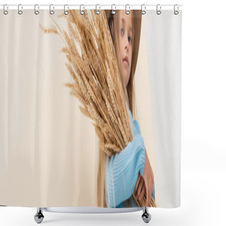 Personality  Fashionable Blonde Girl In Hat And Blue Sweater With Wheat Spikes On Beige Background, Panoramic Shot Shower Curtains
