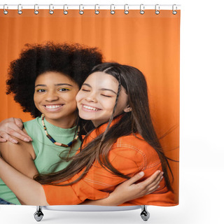 Personality  Smiling And Stylish African American Teenage Girl With Bold Makeup Hugging Brunette Girlfriend And Looking At Camera While Standing Isolated On On Orange, Stylish And Confident Poses Shower Curtains